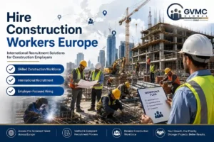 Hire Construction Workers Europe banner showing skilled construction workers, project managers, cranes, and international recruitment solutions by GVMC Global for European construction employers.