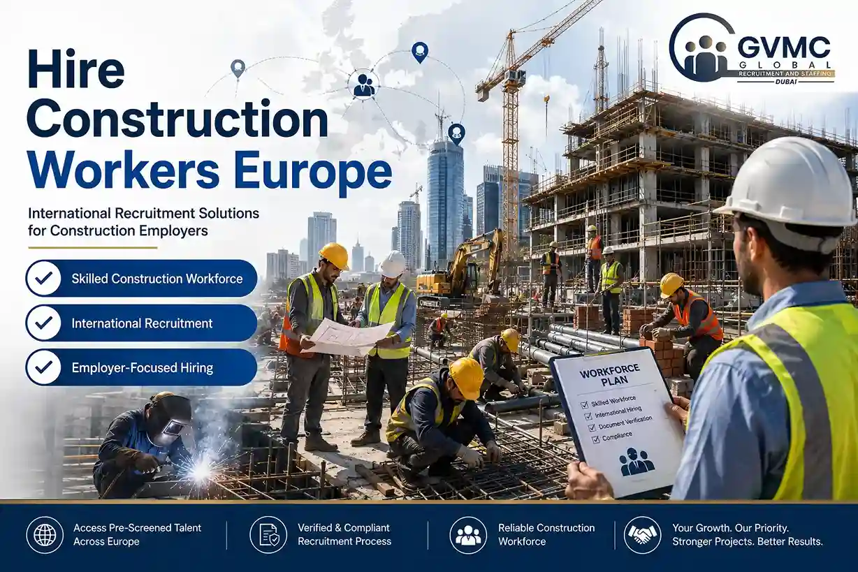 Hire Construction Workers Europe banner showing skilled construction workers, project managers, cranes, and international recruitment solutions by GVMC Global for European construction employers.