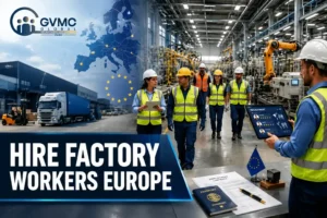 Hire Factory Workers Europe featured image showing a modern European manufacturing factory, skilled industrial workers, recruitment process, and GVMC Global international staffing services.